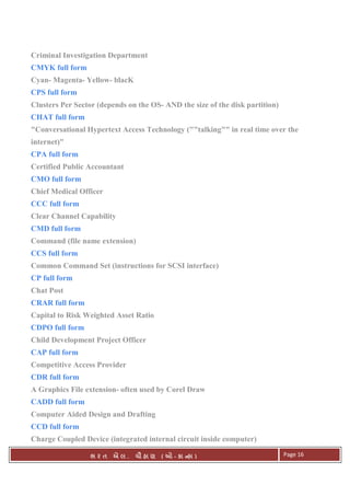 . Ê ( - к ) Page 16
Criminal Investigation Department
CMYK full form
Cyan- Magenta- Yellow- blacK
CPS full form
Clusters Per Sector (depends on the OS- AND the size of the disk partition)
CHAT full form
"Conversational Hypertext Access Technology (""talking"" in real time over the
internet)"
CPA full form
Certified Public Accountant
CMO full form
Chief Medical Officer
CCC full form
Clear Channel Capability
CMD full form
Command (file name extension)
CCS full form
Common Command Set (instructions for SCSI interface)
CP full form
Chat Post
CRAR full form
Capital to Risk Weighted Asset Ratio
CDPO full form
Child Development Project Officer
CAP full form
Competitive Access Provider
CDR full form
A Graphics File extension- often used by Corel Draw
CADD full form
Computer Aided Design and Drafting
CCD full form
Charge Coupled Device (integrated internal circuit inside computer)
 