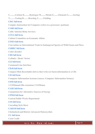 . Ê ( - к ) Page 19
C..........Carbon H..........Hydrogen M.........Metals E.........Elements S.........Sorting
T..........Testing R.........Reacting Y.........Yielding
CISC full form
Complex Instruction Set Computer (refers to a processor- pentium)
CARS full form
Cable Antenna Relay Services
CCEA full form
Cabinet Committee on Economic Affairs
CITES full form
Convention on International Trade in Endangered Species of Wild Fauna and Flora
CODEC full form
Coder-decoder
CHS full form
Cylinder / Head / Sector
CLI full form
Command Line Interface
CD-R full form
Compact Disk Recordable (drives that write (or burn) information to a CD)
CIS full form
Computer Information Systems (course: Computer Information Science)
COM full form
1 COMmand (file extension) 3 COMmon
CASE full form
Commission for Alternative Sources of Energy
CPWD full form
Central Public Works Department
CSS full form
Cascading Style Sheet
CADAM full form
Chelmsford and District Advanced Motorcyclists
CC full form
Cash Credit
 