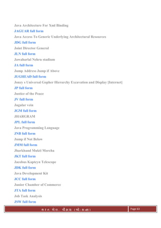 . Ê ( - к ) Page 63
Java Architecture For Xml Binding
JAGUAR full form
Java Access To Generic Underlying Architectural Resources
JDG full form
Joint Director General
JLN full form
Jawaharlal Nehru stadium
JA full form
Jump Address Jump if Above
JUGHEAD full form
Jonzy s Universal Gopher Hierarchy Excavation and Display [Internet]
JP full form
Justice of the Peace
JV full form
Jugular vein
JGM full form
JHARGRAM
JPL full form
Java Programming Language
JNB full form
Jump if Not Below
JMM full form
Jharkhand Mukti Morcha
JKT full form
Jacobus Kapteyn Telescope
JDK full form
Java Development Kit
JCC full form
Junior Chamber of Commerce
JTA full form
Job Task Analysis
JSW full form
 