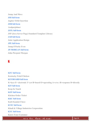 . Ê ( - к ) Page 66
Jump And Move
JOI full form
Jupiter Orbit Insertion
JOB full form
Asalpurjobner
JSTL full form
JSP (Java Server Page) Standard Template Library
JAD full form
Joint Application Design
JPE full form
Jump if Parity Even
JP-MORGAN full form
John Pierpont Morgan
KKKK
KFC full form
Kentucky Fried Chicken
KEYBOARD full form
K=keys E= electronic Y=yet B=board O=operating A=a to z R=response D=directly
KIT full form
Keep In Touch
KOT full form
Kitchen Order Ticket
KKC full form
Kutti Kamini Cheez
KVIC full form
Khadi & Village Industries Corporation
KYC full form
Know-Your-Customer
 