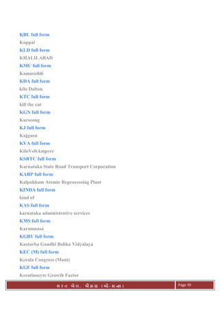 . Ê ( - к ) Page 70
KBL full form
Koppal
KLD full form
KHALILABAD
KMC full form
Kamareddi
KDA full form
kilo Dalton
KTC full form
kill the cat
KGN full form
Kurseong
KJ full form
Kajgaon
KVA full form
KiloVoltAmpere
KSRTC full form
Karnataka State Road Transport Corporation
KARP full form
Kalpakkam Atomic Reprocessing Plant
KINDA full form
kind of
KAS full form
karnataka administrative services
KMS full form
Karamnasa
KGBV full form
Kasturba Gandhi Balika Vidyalaya
KEC (M) full form
Kerala Congress (Mani)
KGF full form
Keratinocyte Growth Factor
 