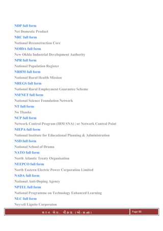 . Ê ( - к ) Page 88
NDP full form
Net Domestic Product
NRC full form
National Reconstruction Core
NOIDA full form
New Okhla Industrial Development Authority
NPR full form
National Population Register
NRHM full form
National Rural Health Mission
NREGS full form
National Rural Employment Guarantee Scheme
NSFNET full form
National Science Foundation Network
NT full form
No Thanks
NCP full form
Network Control Program (IBM SNA) | or Network Control Point
NIEPA full form
National Institute for Educational Planning & Administration
NSD full form
National School of Drama
NATO full form
North Atlantic Treaty Organisation
NEEPCO full form
North Eastern Electric Power Corporation Limited
NADA full form
National Anti-Doping Agency
NPTEL full form
National Programme on Technology Enhanced Learning
NLC full form
Neyveli Lignite Corporaton
 
