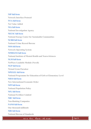 . Ê ( - к ) Page 91
NIP full form
Network Interface Protocol
NVA full form
Net Value Added
NIA full form
National Investigation Agency
NECSC full form
National Energy Center for Sustainable Communities
NCRB full form
National Crime Record Bureau
NOS full form
Network Operating System
NIMHANS full form
National Institute of Mental Health and Neuro-Sciences
NLM full form
NetWare Loadable Module (Novell)
NGP full form
Nirmal Gram Puraskar
NPEGEL full form
National Programme for Education of Girls at Elementary Level
NIEO full form
New International Economic Order
NPP full form
National Population Policy
NFL full form
National Fertilizer Limited
NBC full form
Non-Banking Companies
NANO full form
One thousand-millionth
NBS full form
National Bureau of Standards
 