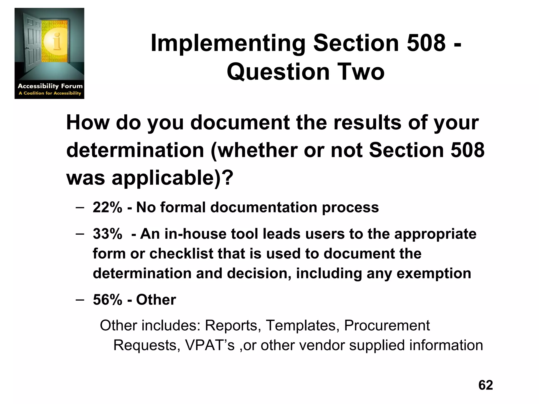 Implementing Section 508 - Question Two How do you document the results of your determination (whether or not Section 508 was applicable)? 22% - No formal documentation process 33%  - An in-house tool leads users to the appropriate form or checklist that is used to document the determination and decision, including any exemption 56% - Other Other includes: Reports, Templates, Procurement Requests, VPAT’s ,or other vendor supplied information 