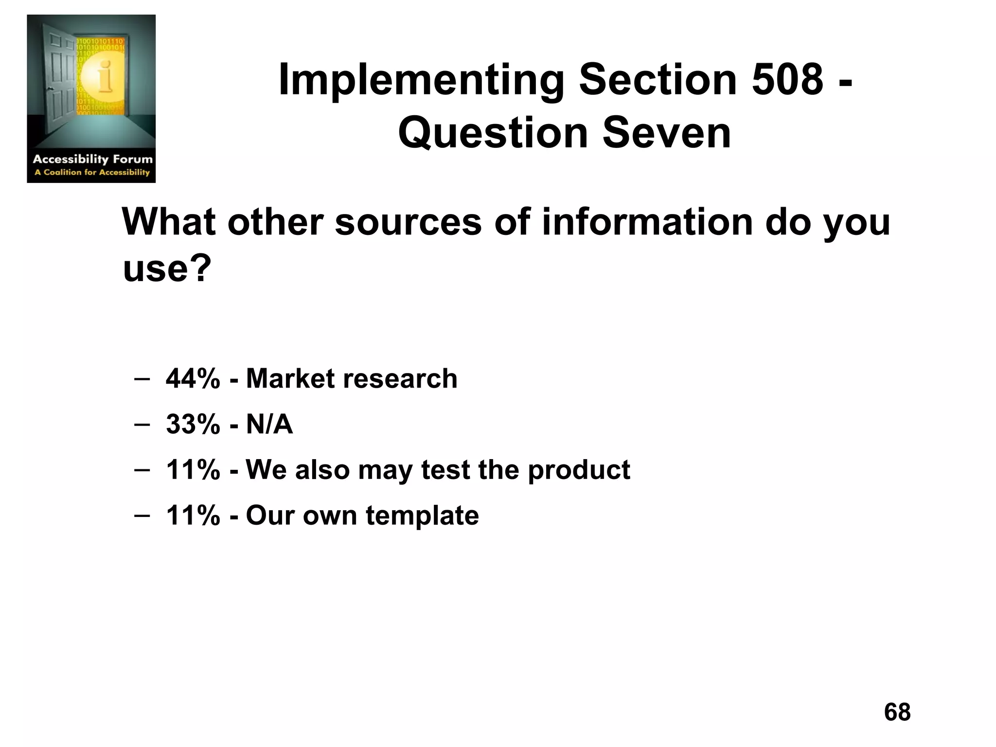 Implementing Section 508 - Question Seven What other sources of information do you use? 44% - Market research 33% - N/A 11% - We also may test the product 11% - Our own template 