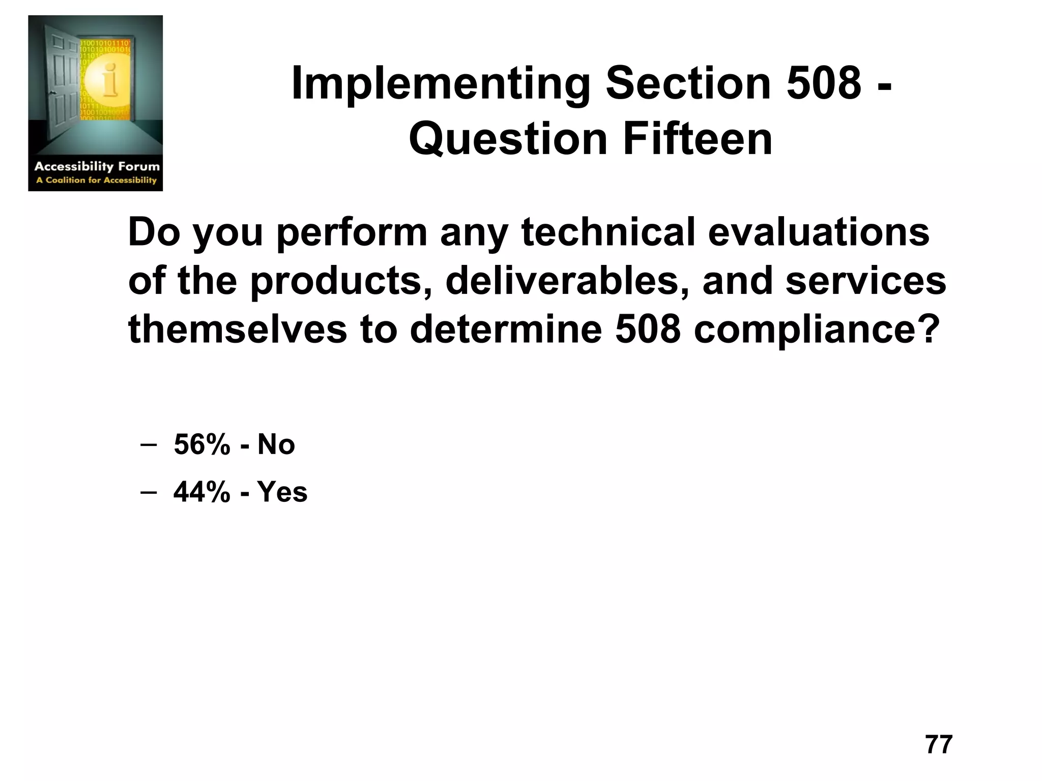 Implementing Section 508 - Question Fifteen Do you perform any technical evaluations of the products, deliverables, and services themselves to determine 508 compliance? 56% - No 44% - Yes 