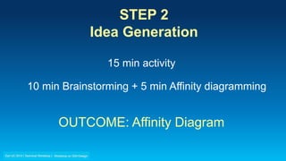 STEP 2
Idea Generation
15 min activity
10 min Brainstorming + 5 min Affinity diagramming
OUTCOME: Affinity Diagram
 