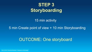 STEP 3
Storyboarding
15 min activity
5 min Create point of view + 10 min Storyboarding
OUTCOME: One storyboard
 