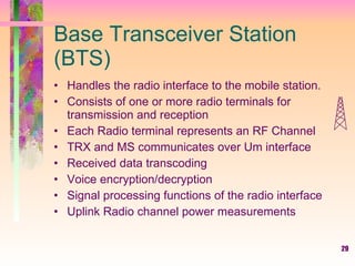 29
Base Transceiver Station
(BTS)
• Handles the radio interface to the mobile station.
• Consists of one or more radio terminals for
transmission and reception
• Each Radio terminal represents an RF Channel
• TRX and MS communicates over Um interface
• Received data transcoding
• Voice encryption/decryption
• Signal processing functions of the radio interface
• Uplink Radio channel power measurements
 