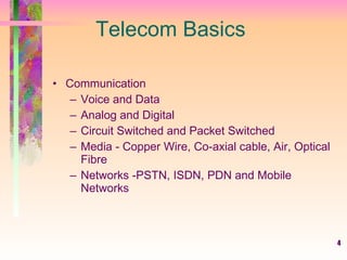 Telecom Basics Communication Voice and Data Analog and Digital Circuit Switched and Packet Switched Media - Copper Wire, Co-axial cable, Air, Optical Fibre Networks -PSTN, ISDN, PDN and Mobile Networks 