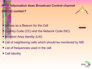 What information does Broadcast Control channel  (BCCH) contain? Serves as a Beacon for the Cell  Country Code (CC) and the Network Code (NC) Location Area Identity (LAI) List of neighboring cells which should be monitored by MS List of frequencies used in the cell Cell identity Back 