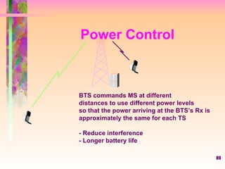 Power Control BTS commands MS at different distances to use different power levels so that the power arriving at the BTS’s Rx is approximately the same for each TS - Reduce interference - Longer battery life 