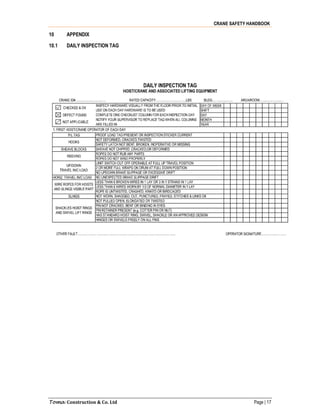 CRANE SAFETY HANDBOOK
Toma Construction & Co. Ltd Page | 17
10 APPENDIX
10.1 DAILY INSPECTION TAG
 