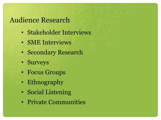 Audience Research Stakeholder Interviews SME Interviews Secondary Research Surveys Focus Groups Ethnography Social Listening Private Communities 