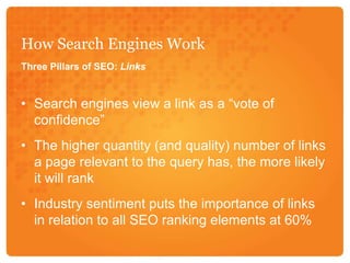 How Search Engines WorkThree Pillars of SEO: LinksSearch engines view a link as a “vote of confidence”The higher quantity (and quality) number of links a page relevant to the query has, the more likely it will rankIndustry sentiment puts the importance of links in relation to all SEO ranking elements at 60%