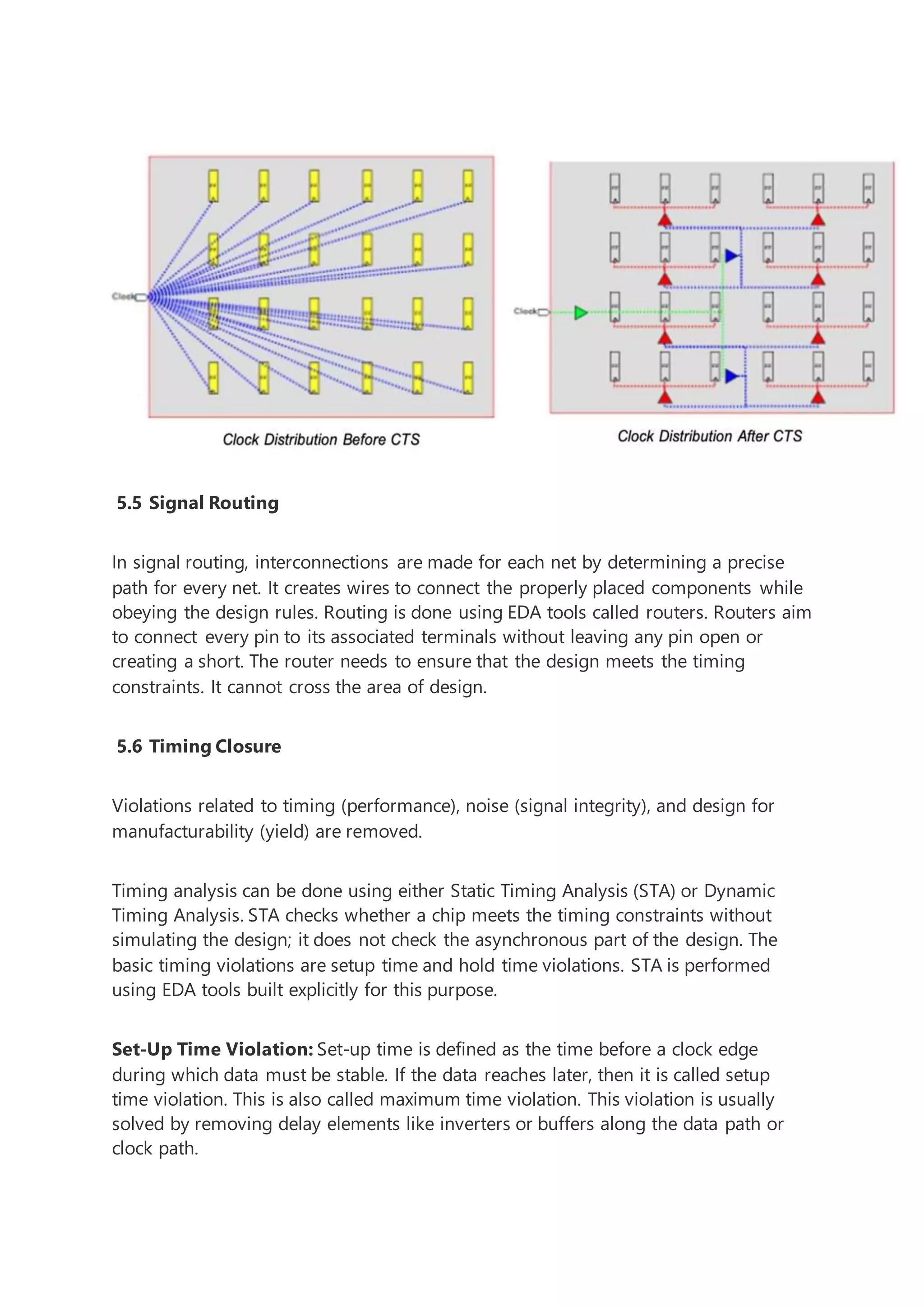 5.5 Signal Routing
In signal routing, interconnections are made for each net by determining a precise
path for every net. It creates wires to connect the properly placed components while
obeying the design rules. Routing is done using EDA tools called routers. Routers aim
to connect every pin to its associated terminals without leaving any pin open or
creating a short. The router needs to ensure that the design meets the timing
constraints. It cannot cross the area of design.
5.6 Timing Closure
Violations related to timing (performance), noise (signal integrity), and design for
manufacturability (yield) are removed.
Timing analysis can be done using either Static Timing Analysis (STA) or Dynamic
Timing Analysis. STA checks whether a chip meets the timing constraints without
simulating the design; it does not check the asynchronous part of the design. The
basic timing violations are setup time and hold time violations. STA is performed
using EDA tools built explicitly for this purpose.
Set-Up Time Violation: Set-up time is defined as the time before a clock edge
during which data must be stable. If the data reaches later, then it is called setup
time violation. This is also called maximum time violation. This violation is usually
solved by removing delay elements like inverters or buffers along the data path or
clock path.
 