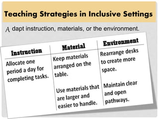 Teaching Strategies in Inclusive Settings
A dapt instruction, materials, or the environment.
 