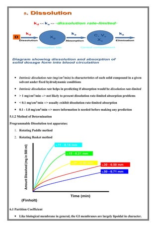  Intrinsic dissolution rate (mg/cm2/min) is characteristics of each solid compound in a given
solvent under fixed hydrodynamic conditions
 Intrinsic dissolution rate helps in predicting if absorption would be dissolution rate-limited
 > 1 mg/cm2/min --> not likely to present dissolution rate-limited absorption problems
 < 0.1 mg/cm2/min --> usually exhibit dissolution rate-limited absorption
 0.1 - 1.0 mg/cm2/min --> more information is needed before making any prediction
5.1.2 Method of Determination
Programmable Dissolution test apparatus:
1. Rotating Paddle method
2. Rotating Basket method
6.1 Partition Coefficient
 Like biological membrane in general, the GI membranes are largely lipoidal in character.
 