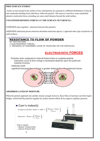 FREE SURFACE ENERGY
Atoms or ions located at the surface of any solid particle are exposed to a different distribution of intra &
inter molecular bonding forces thal those within the particle. The atoms or ions have some unsatisfied
attractive molecular forces extending out some small distance beyond the solid surface.
UNSATISFIED BONDING FORCES AT THE SURFACE OF PARTICLE:
COHESION (stay together) : attraction between like particles
ADHESION (attraction process between dissimilar molecular species ): approach other type of particles or
solid surfaces.
ADSORBED LAYER OF MOISTURE
When the particle approach one another closely enough, however, these films of moisture can form liquid
bridges, which hold the particles together by surface tension effects & by negative capillary pressure.
 