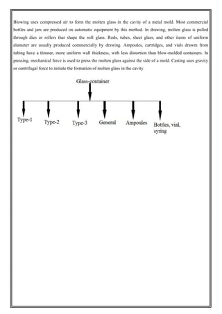 Blowing uses compressed air to form the molten glass in the cavity of a metal mold. Most commercial
bottles and jars are produced on automatic equipment by this method. In drawing, molten glass is pulled
through dies or rollers that shape the soft glass. Rods, tubes, sheet glass, and other items of uniform
diameter are usually produced commercially by drawing. Ampoules, cartridges, and vials drawm from
tubing have a thinner, more uniform wall thickness, with less distortion than blow-molded containers. In
pressing, mechanical force is used to press the molten glass against the side of a mold. Casting uses gravity
or centrifugal force to initiate the formation of molten glass in the cavity.
 