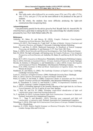 Ahwaz Journal of Linguistics Studies (AJLS) (WWW.AJLS.IR),
ISSN: 2717-2643, 2021, Vol. 2, No. 3
20
study.
4. The verbs make when followed by an eventive noun (5%), put (5%), offer (7.5%),
take (7.5%), and give (7.5%) are the most difficult to be produced on the part of
students.
5. On the whole, the students face more difficulty producing the light-verb
constructions than recognizing them.
Acknowledgement
I am particularly grateful for the advice given by Prof. Riyadh Tarik Al- Ameedi (Ph. D)
which has been a great help in making the test. I also acknowledge the valuable remarks
presented by Asst. Prof. Salih Mehdi Addie (Ph. D).
References
Amberber, M.; Baker, B.; and Harvey, M. (2010). Complex Predicates: Cross-Linguistic
Perspectives on Event Structure. New York: CUP.
Anitescu, D. (2017). The Concept of a “Light Verb”. In Signs of Identity: Literary Constructs and
Discursive Practices, ed. Parpala, E. Newcastle: Cambridge Scholars Publishing.
Baldwin, T. and Kim, S. (2010). Multiword Expressions. In Handbook of Natural Language
Processing, ed. Indurkhya, N. and Damerau, F. 277. New York: CRC Press.
Bergs, A. (2005). Social Networks and Historical Sociolinguistics. New York: Mouton de Gruyter.
Butt, M. (2010). The light verb jungle: still hacking away. In Complex Predicates: Cross-Linguistic
Perspectives on Event Structure, ed. Amberber, M.; Baker, B.; and Harvey, M, 48. New York:
CUP
Blanco, M. T. (2011). Causatives in Minimalism. Philadelphia: John Benjamins Publishing Company.
Dai, G. (2016). Hybridity in translated Chinese: A Corpus Analytical Framework. Fujian: Sipringer.
Davidse, K; Gentens, C; Ghesquiere, L; and Vandelanotte, L. (eds.). (2014). Corpus Interrogation
and Grammatical Patterns. Philadelphia: John Benjamins Publishing Company.
Deane, P. D. (1992). Grammar in Mind and Brain: Explorations in Cognitive Syntax. New York:
Mouton de Gruyter.
Huddleston, R. and Pullum, G. (2002). The Cambridge Grammar of English Usage. Cambridge:
Cambridge University Press.
Leech, G. A Glossary of English Grammar. (2006). Edinburgh University Press: Edinburgh.
Ninio, A. (2011). Syntactic Development, its Input and Output. Oxford: OUP.
Peters, P.; Collins, P.; and Smith, A. (2009). Comparative Studies in Australian and New Zealand
English: Grammar and Beyond. Philadelphia: John Benjamins Publishing Company.
Quirk, R.; Greenbaum, S.; Leech, G.; and Svartvik, J. (1985). A Comprehensive Grammar of the
English Language. London: Longman Group, Ltd.
Ren, F. (2013). A Grounding Approach to the Semantic Meaning of the Light Verb Da. In Chinese
Lexical Semantics, ed. Liu, P. and Su, Q. new York: Springer.
Tan, Y.; Kan, M.; and Cui, H. (2006). Extending corpus-based identification of light verb
constructions using a supervised learning framework.
Tu, Y. and Roth, D. (2011). Learning English Light Verb Constructions: Contextual or Statistical.
Portland: Association for Computational Linguistics.
Vincze, V. ; Nagy T.; and Berend,G.. (2011). Detecting noun compounds and light verb
constructions: a contrastive study. Portland: Association for Computational Linguistics.
Wittenberg, E. (2014). With Light Verb Constructions From Syntax to Concepts. Potsdam University
Press: Brandenburg.
Jespersen, O. (1949). Modern English Grammar on Historical Principles. Vol. 6 of Morphology.
London: George Allen and Urvin Ltd.
 