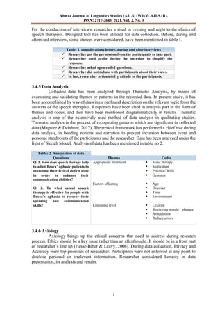 Ahwaz Journal of Linguistics Studies (AJLS) (WWW.AJLS.IR),
ISSN: 2717-2643, 2021, Vol. 2, No. 3
7
For the conduction of interviews, researcher visited in evening and night to the clinics of
speech therapists. Designed tool has been utilized for data collection. Before, during and
afterward interview, some stances were considered, have been mentioned in table 1.
Table: 1. considerations before, during and after interviews
 Researcher got the permission from the participants to take part.
 Researcher used probe during the interview to simplify the
response.
 Researcher asked open ended questions.
 Researcher did not debate with participants about their views.
 In last, researcher articulated gratitude to the participants.
3.4.5 Data Analysis
Collected data has been analyzed through Thematic Analysis, by means of
examining and validating themes or patterns in the recorded data. In present study, it has
been accomplished by way of drawing a profound description on the relevant topic from the
answers of the speech therapists. Responses have been cited in analysis part in the form of
themes and codes, and then have been mentioned diagrammatically in results. Thematic
analysis is one of the extensively used method of data analysis in qualitative studies.
Thematic analysis is the process of recognizing patterns which are significant in collected
data (Maguire & Delahunt, 2017). Theoretical framework has performed a chief role during
data analysis, in bonding notions and narration to prevent incursion between event and
personal standpoints of the participants and the researcher. Data has been analyzed under the
light of Sketch Model. Analysis of data has been mentioned in table no 2.
Table: 2. Analyzation of data
Questions Themes Codes
Q: 1. How does speech therapy help
to adult Broca’ aphasic patients to
overcome their lexical deficit state
in order to enhance their
communicating abilities?
Q: 2. To what extent speech
therapy is effective for people with
Broca’s aphasia to recover their
speaking and communication
skills?
Appropriate treatment
Factors affecting
Linguistic level
 Mind therapy
 Motivation
 Practice/Drills
 Gestures
 Age
 Disorder
 Time
 Environment
 Lexicon
 Retrieving words/ phrases
 Articulation
 Reduce errors
3.4.6 Axiology
Axiology brings up the ethical concerns that need to address during research
process. Ethics should be a key issue rather than an afterthought. It should be in a front part
of researcher’s line up (Hesse-Biber & Leavy, 2006). During data collection, Privacy and
Accuracy were top priorities of researcher. Participants were not enforced at any point to
disclose personal or irrelevant information. Researcher considered honesty in data
presentation, its analysis and results.
 
