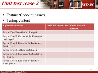 • Feature :Check out assets
• Testing content
86
Unit test :case 2
Equivalence classes Value for student ID Value for book
number
Patron ID without fine book type 1
Patron ID with fine under the limitation
book type 1
Patron ID with fine over the limitation
Book type 1
Patron ID without fine book type 2
Patron ID with fine under the limitation
book type 2
Patron ID with fine over the limitation
Book type 2
 