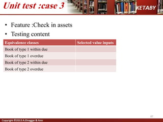 • Feature :Check in assets
• Testing content
87
Unit test :case 3
Equivalence classes Selected value inputs
Book of type 1 within due
Book of type 1 overdue
Book of type 2 within due
Book of type 2 overdue
 