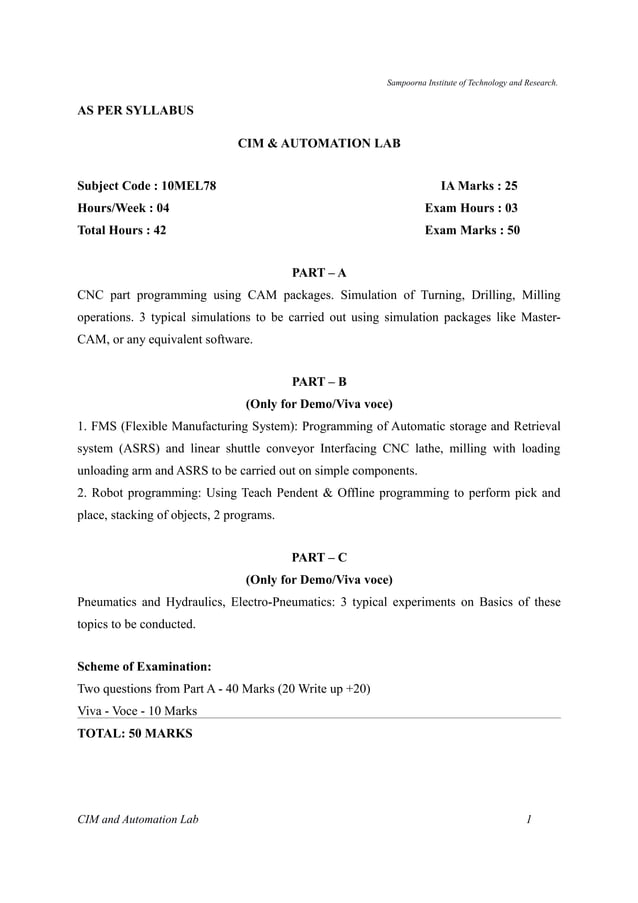 CIM & Automation Lab Manual VTU PDF