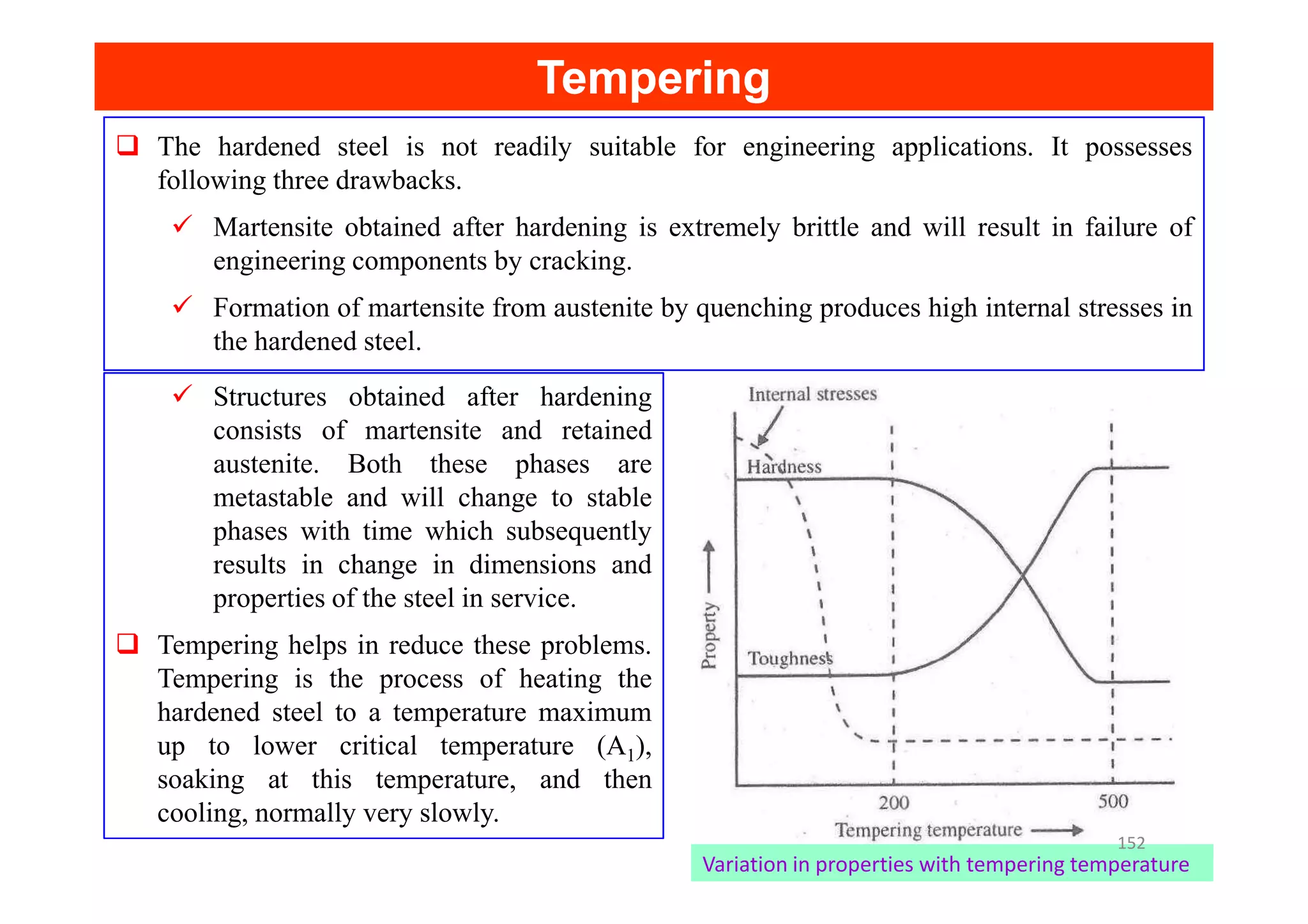 Tempering
Tempering
The hardened steel is not readily suitable for engineering applications. It possesses
following three drawbacks.
Martensite obtained after hardening is extremely brittle and will result in failure of
engineering components by cracking.
Formation of martensite from austenite by quenching produces high internal stresses in
the hardened steel.
Structures obtained after hardening
consists of martensite and retained
austenite. Both these phases are
austenite. Both these phases are
metastable and will change to stable
phases with time which subsequently
results in change in dimensions and
properties of the steel in service.
Tempering helps in reduce these problems.
Tempering is the process of heating the
hardened steel to a temperature maximum
up to lower critical temperature (A1),
soaking at this temperature, and then
cooling, normally very slowly.
Variation in properties with tempering temperature
152
 