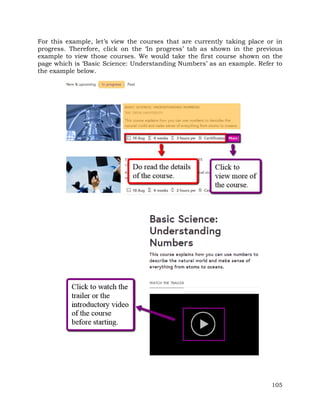 For this example, let’s view the courses that are currently taking place or in 
progress. Therefore, click on the ‘In progress’ tab as shown in the previous 
example to view those courses. We would take the first course shown on the 
page which is ‘Basic Science: Understanding Numbers’ as an example. Refer to 
the example below. 
105 
 