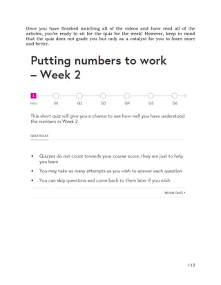 Once you have finished watching all of the videos and have read all of the 
articles, you’re ready to sit for the quiz for the week! However, keep in mind 
that the quiz does not grade you but only as a catalyst for you to learn more 
and better. 
112 
 