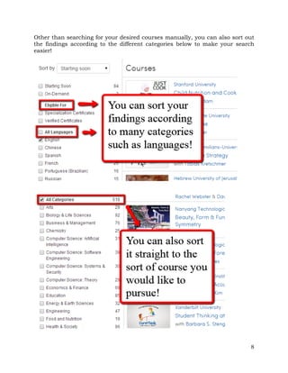 Other than searching for your desired courses manually, you can also sort out 
the findings according to the different categories below to make your search 
easier! 
8 
 