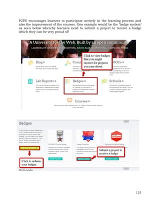 P2PU encourages learners to participate actively in the learning process and 
also the improvement of the courses. One example would be the ‘badge system’ 
as seen below whereby learners need to submit a project to receive a badge 
which they can be very proud of! 
125 
 