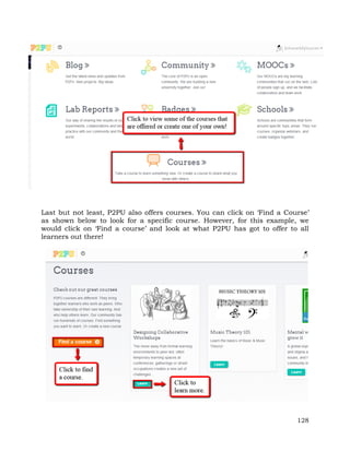 Last but not least, P2PU also offers courses. You can click on ‘Find a Course’ 
as shown below to look for a specific course. However, for this example, we 
would click on ‘Find a course’ and look at what P2PU has got to offer to all 
learners out there! 
128 
 