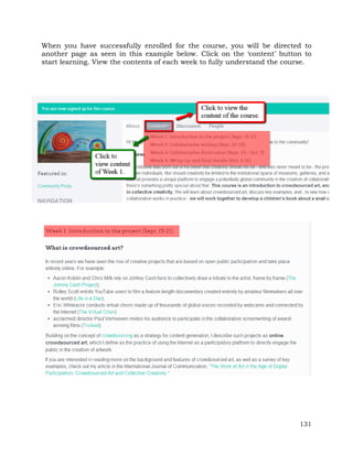 When you have successfully enrolled for the course, you will be directed to 
another page as seen in this example below. Click on the ‘content’ button to 
start learning. View the contents of each week to fully understand the course. 
131 
 