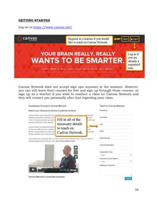 58 
GETTING STARTED 
Log on to https://www.canvas.net/ 
Canvas Network does not accept sign ups anymore at the moment. However, 
you can still learn their courses for free and sign up through those courses or 
sign up as a teacher if you wish to conduct a class on Canvas Network and 
they will contact you personally after that regarding your class. 
 