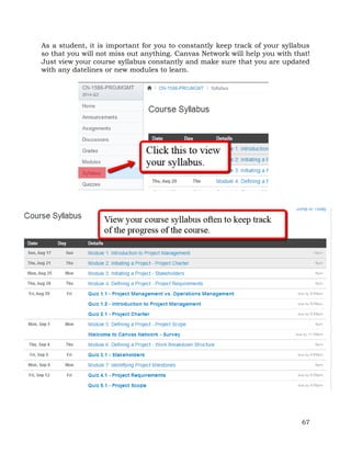 As a student, it is important for you to constantly keep track of your syllabus 
so that you will not miss out anything. Canvas Network will help you with that! 
Just view your course syllabus constantly and make sure that you are updated 
with any datelines or new modules to learn. 
67 
 