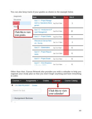 69 
You can also keep track of your grades as shown in the example below. 
Other than that, Canvas Network also provides you with a calendar to help you 
organize your study plan so that you won’t forget anything and have everything 
in order. 
 