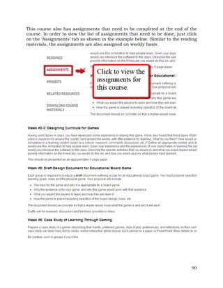 This course also has assignments that need to be completed at the end of the 
course. In order to view the list of assignments that need to be done, just click 
on the ‘Assignments’ tab as shown in the example below. Similar to the reading 
materials, the assignments are also assigned on weekly basis. 
90 
 