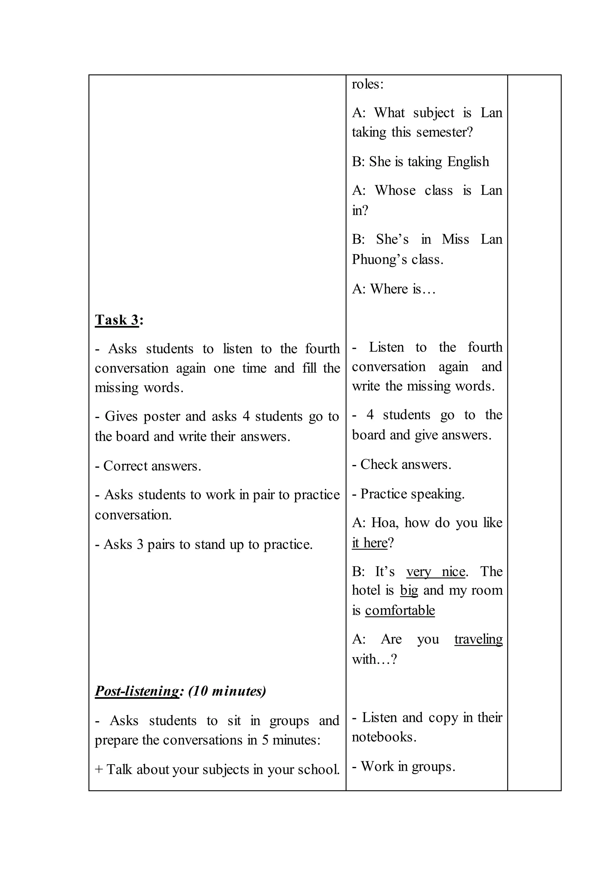 Task 3:
- Asks students to listen to the fourth
conversation again one time and fill the
missing words.
- Gives poster and asks 4 students go to
the board and write their answers.
- Correct answers.
- Asks students to work in pair to practice
conversation.
- Asks 3 pairs to stand up to practice.
Post-listening: (10 minutes)
- Asks students to sit in groups and
prepare the conversations in 5 minutes:
+ Talk about your subjects in your school.
roles:
A: What subject is Lan
taking this semester?
B: She is taking English
A: Whose class is Lan
in?
B: She’s in Miss Lan
Phuong’s class.
A: Where is…
- Listen to the fourth
conversation again and
write the missing words.
- 4 students go to the
board and give answers.
- Check answers.
- Practice speaking.
A: Hoa, how do you like
it here?
B: It’s very nice. The
hotel is big and my room
is comfortable
A: Are you traveling
with…?
- Listen and copy in their
notebooks.
- Work in groups.
 