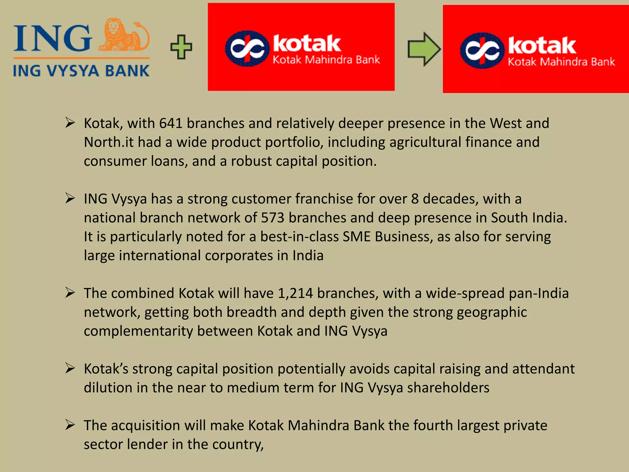  Kotak, with 641 branches and relatively deeper presence in the West and
North.it had a wide product portfolio, including agricultural finance and
consumer loans, and a robust capital position.
 ING Vysya has a strong customer franchise for over 8 decades, with a
national branch network of 573 branches and deep presence in South India.
It is particularly noted for a best-in-class SME Business, as also for serving
large international corporates in India
 The combined Kotak will have 1,214 branches, with a wide-spread pan-India
network, getting both breadth and depth given the strong geographic
complementarity between Kotak and ING Vysya
 Kotak’s strong capital position potentially avoids capital raising and attendant
dilution in the near to medium term for ING Vysya shareholders
 The acquisition will make Kotak Mahindra Bank the fourth largest private
sector lender in the country,
 