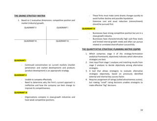 24
THE GRAND STRATEGY MATRIX
1. Based on 2 evaluative dimensions: competitive position and
market (industry) growth.
QUADRANT II QUADRANT I
QUADRANT III QUADRANT IV
QUADRANT I
- Continued concentration on current markets (market
penetration and market development) and products
(product development) is an appropriate strategy.
QUADRANT II
- Unable to compete effectively
- Need to determine why the firm’s current approach is
ineffective and how the company can best change to
improve its competitiveness.
QUADRANT III
- Organizations compete in slow-growth industries and
have weak competitive positions.
- These firms must make some drastic changes quickly to
avoid further decline and possible liquidation.
- Extensive cost and asset reduction (retrenchment)
should be pursued first.
QUADRANT IV
- Businesses have strong competitive position but are in a
slow-growth industry.
- Businesses have characteristically high cash-flow levels
and limited internal growth needs and often can pursue
related or unrelated diversification successfully.
THE QUANTITATIVE STRATEGIC PLANNING MATRIX (QSPM)
1. Which comprises stage 3 of the strategy-formulation
analytical framework, objectively indicates which alternative
strategies are best.
2. Uses input from stage 1 analyses and matching results from
stage 2 analyses to decide objectively among alternative
strategies.
3. A tool that allows strategists to evaluate alternative
strategies objectively, based on previously identified
external and internal key success factor.
4. Requires assignment of ratings (called attractiveness scores),
but making “small” rating decisions enables strategists to
make effective “big” decisions.
 