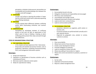 28
perceptions, schedules create pressure, personalities are
incompatible and misunderstandings occur between line
managers and staff managers.
2. AVOIDANCE
- Includes such actions as ignoring the problem in hopes
that the conflict will resolve itself or physically separating
the conflicting individuals.
3. DEFUSION
- Includes playing down differences between conflicting
parties while accentuating similarities and common
interests.
4. CONFRONTATION
- Exemplified by exchanging members of conflicting
parties so that each can gain an appreciation of the
other’s point of view or holding a meeting at which
conflicting parties present their views and work through
their differences.
TYPES OF ORGANIZATIONAL STRUCTURE
1. THE FUNCTIONAL STRUCTURE
- Is the simplest and least expensive of the 7 alternatives.
- Group tasks and activities by business function, such as
production / operations, marketing, finance/accounting,
R & D, and management information systems.
Advantages:
1. Simple and inexpensive
2. Capitalizes on specialization of business activities such as
marketing and finance
3. Minimizes need for elaborate control system
4. Allows for rapid decision making
Disadvantages:
1. Accountability forced to the top
2. Delegation of authority and responsibility not encouraged
3. Minimizes career development
4. Low employee and manager morale
5. Inadequate planning for products and markets
6. Leads to short-term, narrow thinking
7. Leads to communication problems
2. THE DIVISIONAL STRUCTURE
- Sometimes referred to as segments, profit centers or
business units
- Functional activities are performed both centrally and in
each separate division
- Organized by geographic area, product or service,
customer or process.
Advantages:
1. Clear accountability
2. Allows local control of local situations
3. Creates career development chances
4. Promotes delegation of authority
5. Leads to competitive climate internally
6. Allows easy adding of new products or regions
7. Allows strict control and attention to products, customers or
regions.
Disadvantages:
1. Can be costly
2. Duplication of functional activities
3. Requires a skilled management force
 