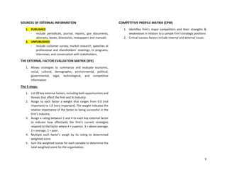 9
SOURCES OF EXTERNAL INFORMATION
1. PUBLISHED
- Include periodicals, journal, reports, gov documents,
abstracts, books, directories, newspapers and manuals.
2. UNPUBLISHED
- Include customer survey, market research, speeches at
professional and shareholders’ meetings, tv programs,
interviews, and conversation with stakeholders.
THE EXTERNAL FACTOR EVALUATION MATRIX (EFE)
1. Allows strategies to summarize and evaluate economic,
social, cultural, demographic, environmental, political,
governmental, legal, technological, and competitive
information
The 5 steps:
1. List 20 key external factors, including both opportunities and
threats that affect the firm and its industry.
2. Assign to each factor a weight that ranges from 0.0 (not
important) to 1.0 (very important). The weight indicates the
relative importance of the factor to being successful in the
firm’s industry.
3. Assign a rating between 1 and 4 to each key external factor
to indicate how effectively the firm’s current strategies
respond to the factor where 4 = superior, 3 = above average,
2 = average, 1 = poor.
4. Multiple each factor’s weigh by its rating to determined
weighted score.
5. Sum the weighted scores for each variable to determine the
total weighted score for the organization.
COMPETITIVE PROFILE MATRIX (CPM)
1. Identifies firm’s major competitors and their strengths &
weaknesses in relation to a sample firm’s strategic positions
2. Critical success factors include internal and external issues.
 