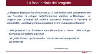 La fase iniziale del progetto
La Regione Basilicata ha avviato nel 2014, nell’ambito della convenzione con
Istat “Iniziative di sviluppo dell’informazione statistica in Basilicata”, un
progetto per un’analisi del sistema economico orientato a valutarne la
sostenibilità. L’obiettivo generale è quello di avere una rappresentazione:
• delle pressioni che il sistema naturale subisce a fronte dello sviluppo
economico del sistema antropico
• del grado di disaccoppiamento fra crescita economica e pressioni
sull’ambiente
Fonte: Elaborazione su dai Istat
 