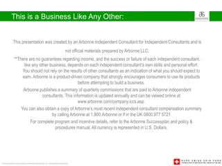This is a Business Like Any Other:


             This presentation was created by an Arbonne Independent Consultant for Independent Consultants and is
                                                                                not official materials prepared by Arbonne LLC.
               **There are no guarantees regarding income, and the success or failure of each independent consultant,
                     like any other business, depends on each independent consultant’s own skills and personal effort.
                    You should not rely on the results of other consultants as an indication of what you should expect to
                    earn. Arbonne is a product-driven company that strongly encourages consumers to use its products
                                                     before attempting to build a business.
                    Arbonne publishes a summary of quarterly commissions that are paid to Arbonne independent
                                consultants. This information is updated annually and can be viewed online at
                                                     www.arbonne.com/company.iccs.asp.
                   You can also obtain a copy of Arbonne’s most recent independent consultant compensation summary
                                     by calling Arbonne at 1.800.Arbonne or if in the UK 0800 977 5721
                         For complete program and incentive details, refer to the Arbonne Successplan and policy &
                                       procedures manual. All currency is represented in U.S. Dollars.




This presentation was created by Arbonne International, Inc. Independent Consultants
 