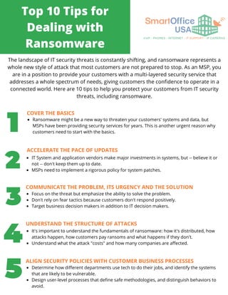Top 10 Tips for
Dealing with
Ransomware
The landscape of IT security threats is constantly shifting, and ransomware represents a
whole new style of attack that most customers are not prepared to stop. As an MSP, you
are in a position to provide your customers with a multi-layered security service that
addresses a whole spectrum of needs, giving customers the confidence to operate in a
connected world. Here are 10 tips to help you protect your customers from IT security
threats, including ransomware.
COVER THE BASICS
Ransomware might be a new way to threaten your customers' systems and data, but
MSPs have been providing security services for years. This is another urgent reason why
customers need to start with the basics.
ACCELERATE THE PACE OF UPDATES
IT System and application vendors make major investments in systems, but -- believe it or
not -- don't keep them up to date.
MSPs need to implement a rigorous policy for system patches.
COMMUNICATE THE PROBLEM, ITS URGENCY AND THE SOLUTION
Focus on the threat but emphasize the ability to solve the problem.
Don't rely on fear tactics because customers don't respond positively.
Target business decision makers in addition to IT decision makers.
UNDERSTAND THE STRUCTURE OF ATTACKS
It's important to understand the fundamentals of ransomware: how it's distributed, how
attacks happen, how customers pay ransoms and what happens if they don't.
Understand what the attack "costs" and how many companies are affected.
ALIGN SECURITY POLICIES WITH CUSTOMER BUSINESS PROCESSES
Determine how different departments use tech to do their jobs, and identify the systems
that are likely to be vulnerable.
Design user-level processes that define safe methodologies, and distinguish behaviors to
avoid.
 