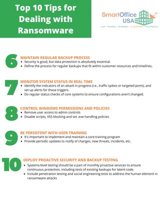 Top 10 Tips for
Dealing with
Ransomware
MAINTAIN REGULAR BACKUP PROCESS
Security is good, but data protection is absolutely essential.
Define the process for regular backups that fit within customer resources and timelines.
MONITOR SYSTEM STATUS IN REAL TIME
Identify the indicators of an attack in progress (i.e., traffic spikes or targeted ports), and
set up alerts for those triggers.
Do regular status checks of core systems to ensure configurations aren't changed.
CONTROL WINDOWS PERMISSIONS AND POLICIES
Remove user access to admin controls
Disable scripts, VSS blocking and set .exe handling policies
BE PERSISTENT WITH USER TRAINING
It's important to implement and maintain a core training program
Provide periodic updates to notify of changes, new threats, incidents, etc.
DEPLOY PROACTIVE SECURITY AND BACKUP TESTING
Systems-level testing should be a part of monthly proactive services to ensure
continuous protection, including tests of existing backups for latent code.
Include penetration testing and social engineering tests to address the human element in
ransomware attacks
 